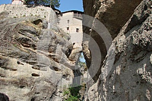 The rocks of St. Meteora in the central part of Greece. 06. 18. 2014. Landscape of mountainous nature, settlements and religious o