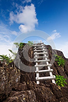 Rocks, stairs, sky.