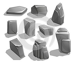 Rocks and stones. Cartoon Stones and rocks in isometric style. Set of different boulders.