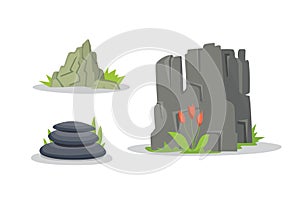 Rocks and stones elements collection set. Vector illustration of solid materials.