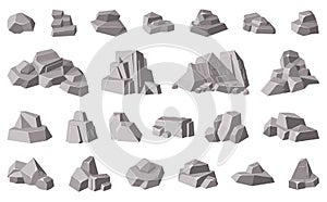 Rocks and stones. Granite mountain pebble, grey stone heap, stone gravel rock isolated vector illustration icons set