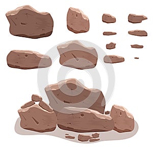 Rocks, stones set in cartoon style. Twelve isometric 3d boulders