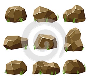 Rocks and stones set with grass on white background. Stones and rocks in isometric 3d flat style. Set different shapes