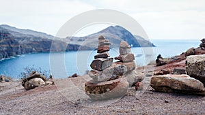 Rocks, stones Stacked one on top of another with ocean, sea background. zen, harmony concept