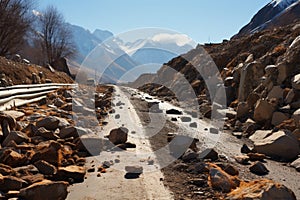 Rocks tumbling in early spring make the road through mountains perilous
