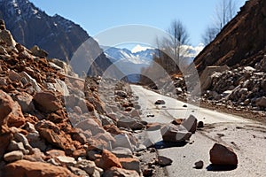 Rocks tumbling in early spring make the road through mountains perilous photo