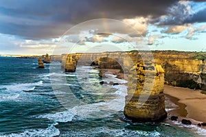 The rocks Twelve Apostles in an ocean storm surf. Travel to Australia. Fantastic morning light on the Pacific coast about