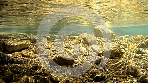 Rocks underwater on riverbed with clear freshwater