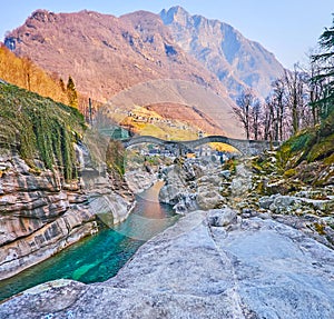 On rocks of Verzasca River, Lavertezzo, Valle Verzasca, Switzerland