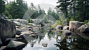 Serene Forest Lake With Majestic Rocks: A Wilderness Photography Masterpiece photo