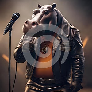 A rockstar hippo in leather pants and a microphone, belting out a hit song4 photo