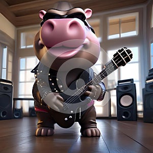 A rockstar hippo in leather pants and a microphone, belting out a hit song1 photo