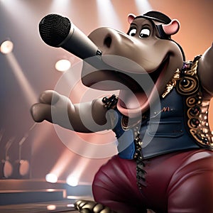 A rockstar hippo in leather pants and a microphone, belting out a hit song3 photo