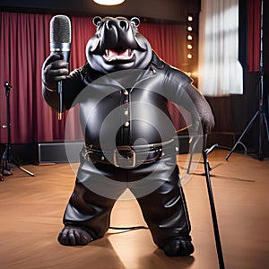 A rockstar hippo in leather pants and a microphone, belting out a hit song5 photo
