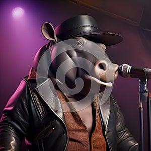 A rockstar hippo in leather pants and a microphone, belting out a hit song2 photo