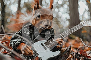 Rockstar Squirrel Playing Electric Guitar in Autumn Forest