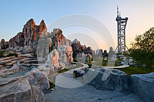 The rockwork and observation tower sunset