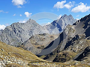 Rocky alpine peaks UnghÃÂ¼rhÃÂ¶rner or Unghuerhoerner 2994 m and Vorderes Plattenhorn 3217 m in the Silvretta Alps mountain