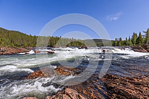 Rocky banks and cascades of Namsen River with dense forest on sunny day in Trondelag, Norway