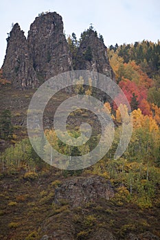 Rocky banks of the Yenisei River in autumn, western Siberia.