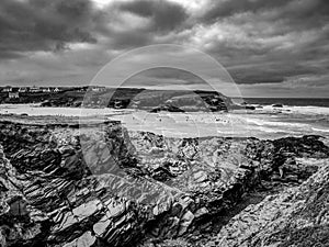 The rocky beach of Bedruthan Steps in Cornwall - an amazing landmark at the Cornish Coast