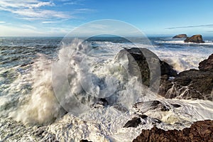Rocky Beach Landscape with Huge Waves Crashing on the Coast