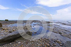 The rocky beach at Staithes in North Yorkshire at low tide