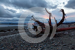 Rocky Beach and White Rock Pier on the West Coast of Pacific Ocean.