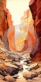 Desert Canyon Watercolor Painting With Earth Tones photo