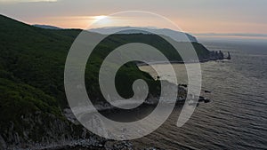 Rocky Cape Laplace in the East Sea at dawn. Drone view