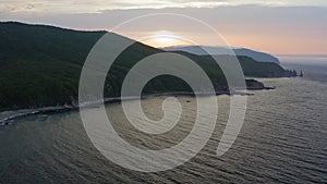 Rocky Cape Laplace in the East Sea at dawn. Drone view