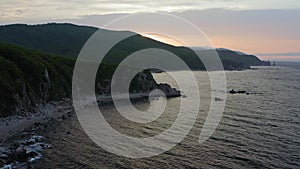 Rocky Cape Laplace in the East Sea at dawn. Drone view