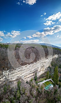 Rocky cliff with Aladzha Orthodox cave monastery in Golden Sands Nature Park, Bulgaria