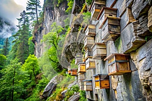 Rocky Cliff with Bee Hives Forest Wildlife