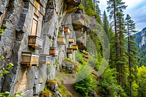 Rocky Cliff with Bee Hives Forest Wildlife