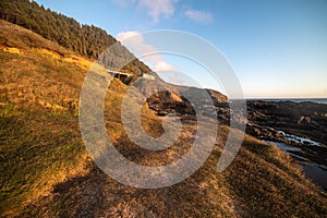 Rocky cliff and green grass at ocean beach at sunset time