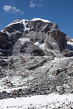 Rocky cliff of unclimbed Peak 5977, Himalaya, Nepal