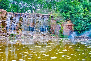 The rocky cliff with waterfalls cascade, Sofiyivsky Park, Uman, Ukraine