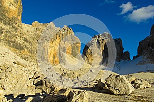 Rocky cliffs tower of Dolomites mountains above the pass, Dolomiti di Brenta