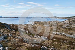 Rocky coast and Atlantic ocean, Beautiful landscape near Atlantic road in Norway in bright spring day.