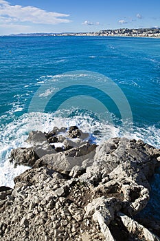 Rocky coast and beautiful azur water in Nice, cote d\'Azur, France