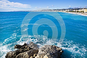 Rocky coast and beautiful azur water in Nice, cote d\'Azur, France