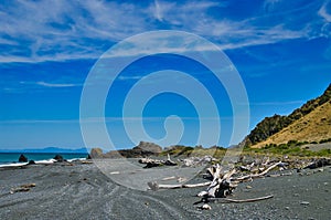 Rocky coast with black sand beach. Baring Head, Wellington, New Zealand photo