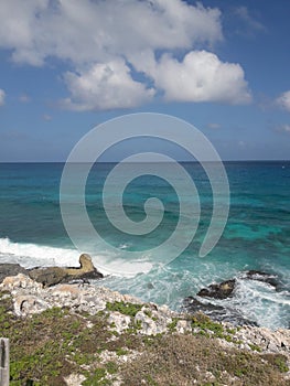 Rocky coast and blue ocean and sky Isla Mujeres Cancun Quintana Roo Mexico travel tourism South Point Punta Sur