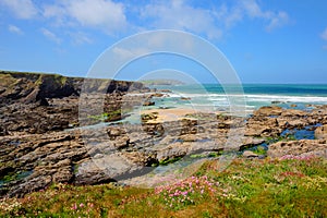 Rocky coast blue sea and sky Newtrain Bay North Cornwall near Padstow and Newquay