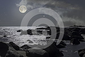 Rocky coast in a full moon night