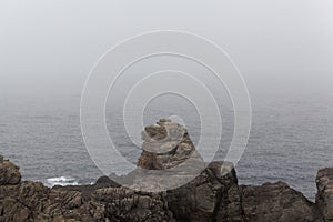 Rocky coast of the island Ouessant, in the fog