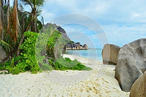 Rocky coast of La Digue island