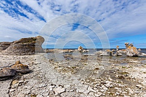 Rocky coast with limestone cliffs in Sweden