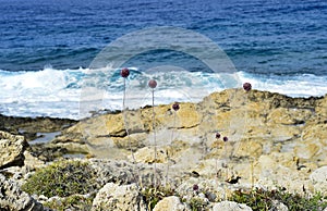 The rocky coast of the Mediterranean sea during an afternoon surf. Background